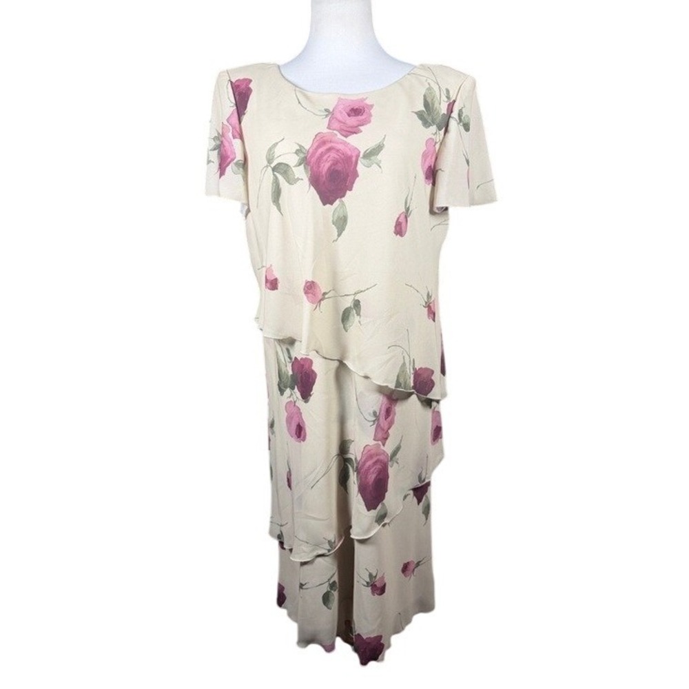 R&M Richards Karen Kwong Sand Pink Rose Floral Tiered Midi Dress Womens 14‎ NWT